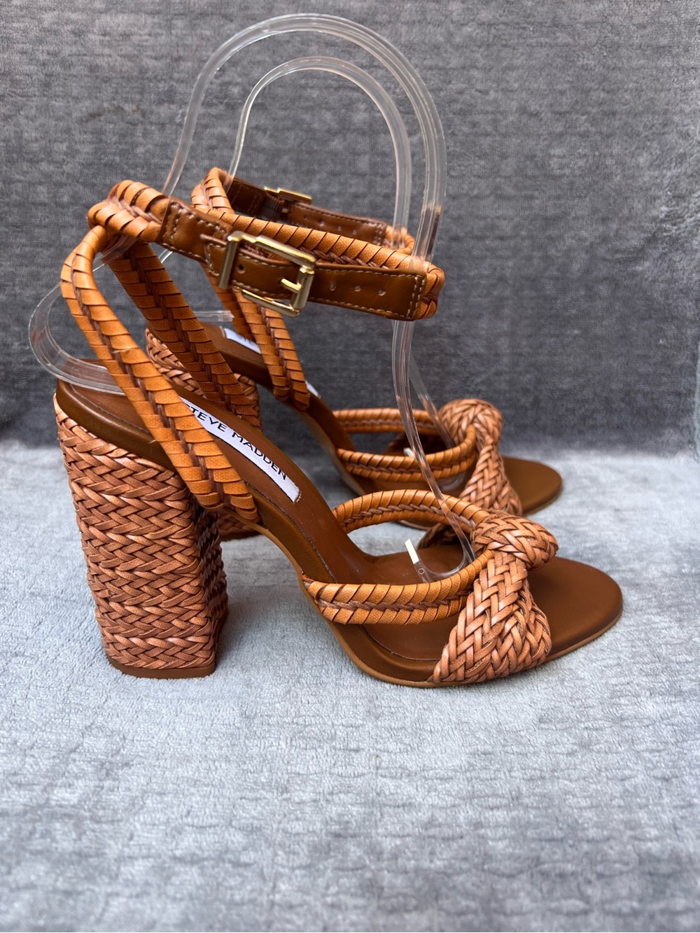 Steve Madden Malou Heels Sz 6.5 M Cognac Braided Block Heel Sandals Vegan - Picture 2 of 15